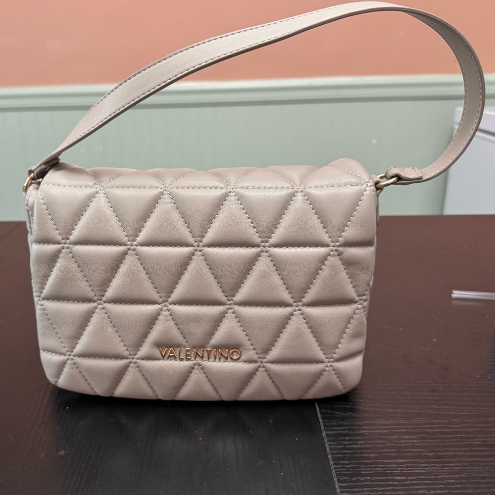 Mario Valentino Cream Quilted Crossbody Bag with Flap Closure